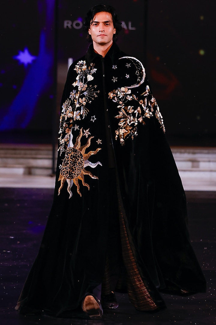 Black Silk Velvet Hand Embroidered Cape by Rohit Bal Men