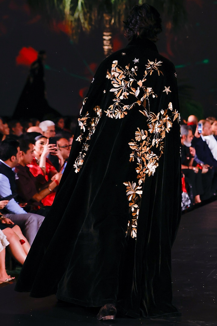 Black Silk Velvet Hand Embroidered Cape by Rohit Bal Men at Pernia's Pop Up Shop