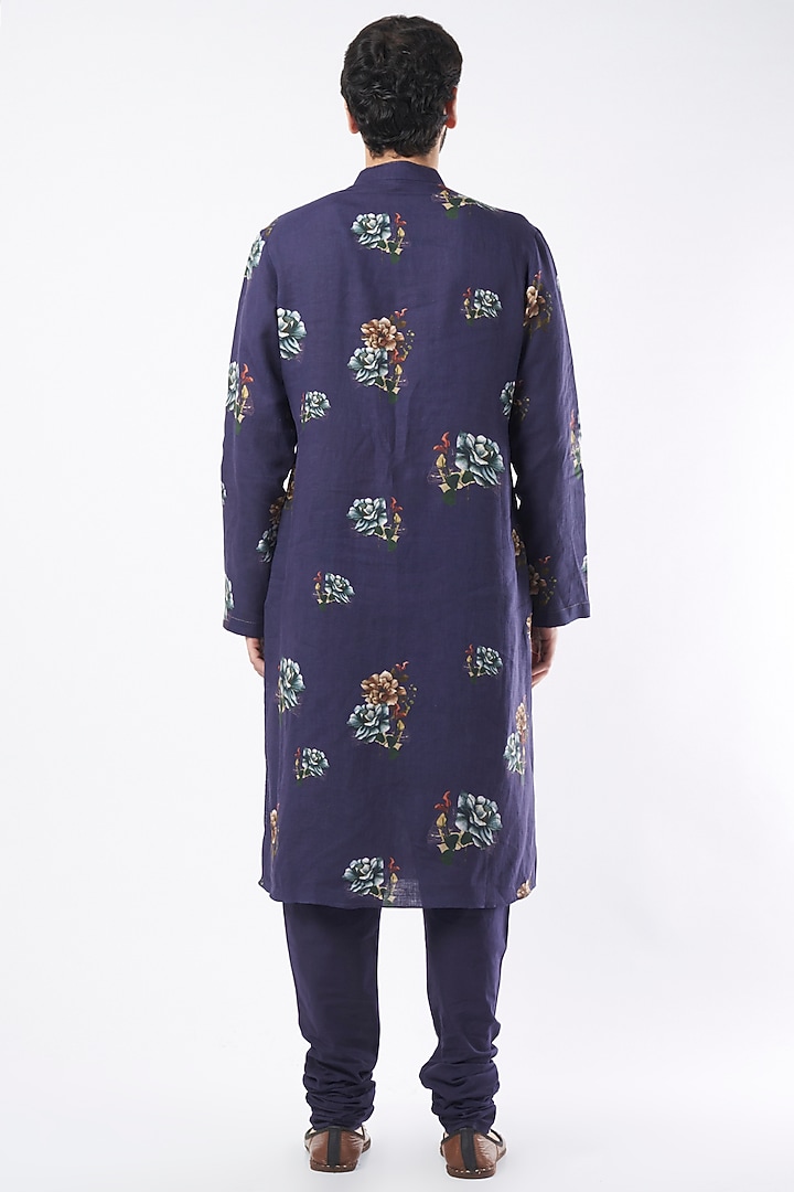 Indigo Linen & Heavy Voile Digital Printed Kurta Set by Rohit Bal Men at Pernia's Pop Up Shop