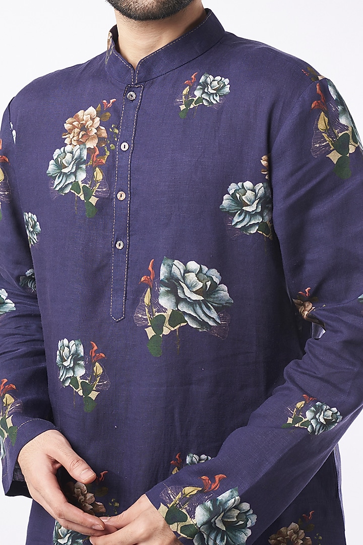 Indigo Linen & Heavy Voile Digital Printed Kurta Set by Rohit Bal Men at Pernia's Pop Up Shop