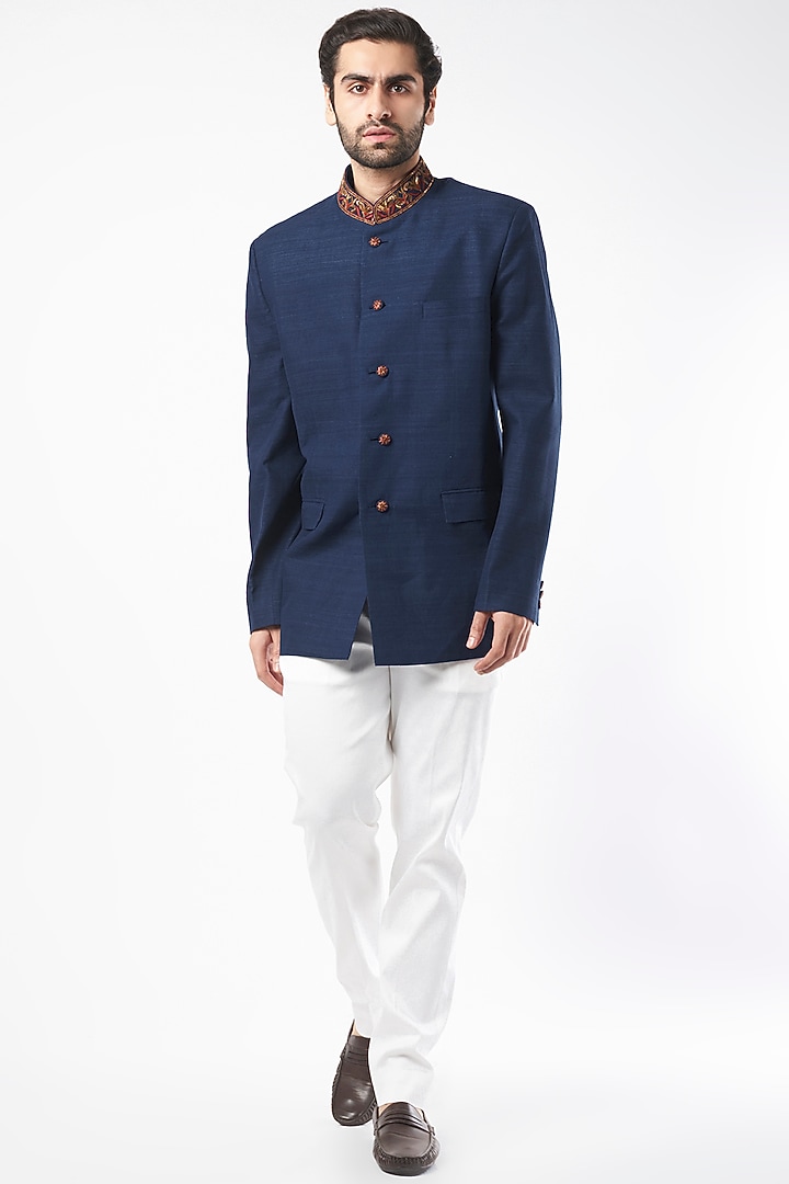 Indigo Matka Silk Resham Embroidered Wedding Bandhgala by Rohit Bal Men at Pernia's Pop Up Shop