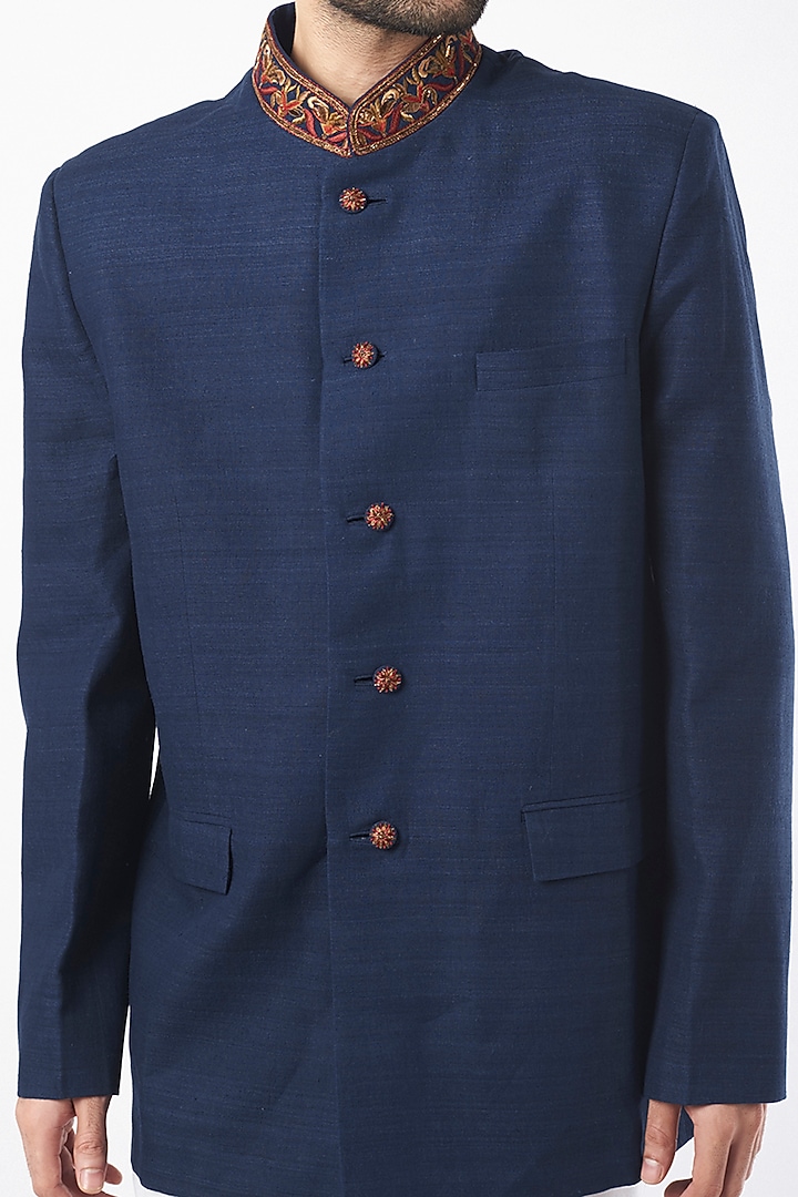 Indigo Matka Silk Resham Embroidered Wedding Bandhgala by Rohit Bal Men at Pernia's Pop Up Shop