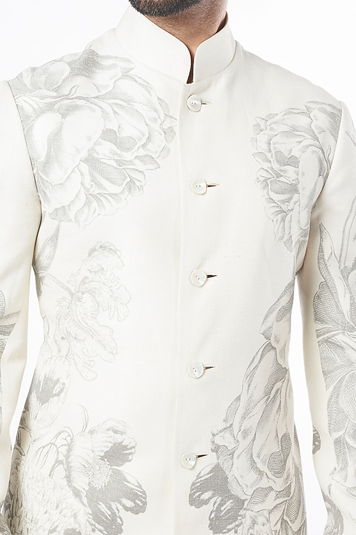 Ivory Matka Silk Digital Printed Wedding Bandhgala by Rohit Bal Men at Pernia's Pop Up Shop