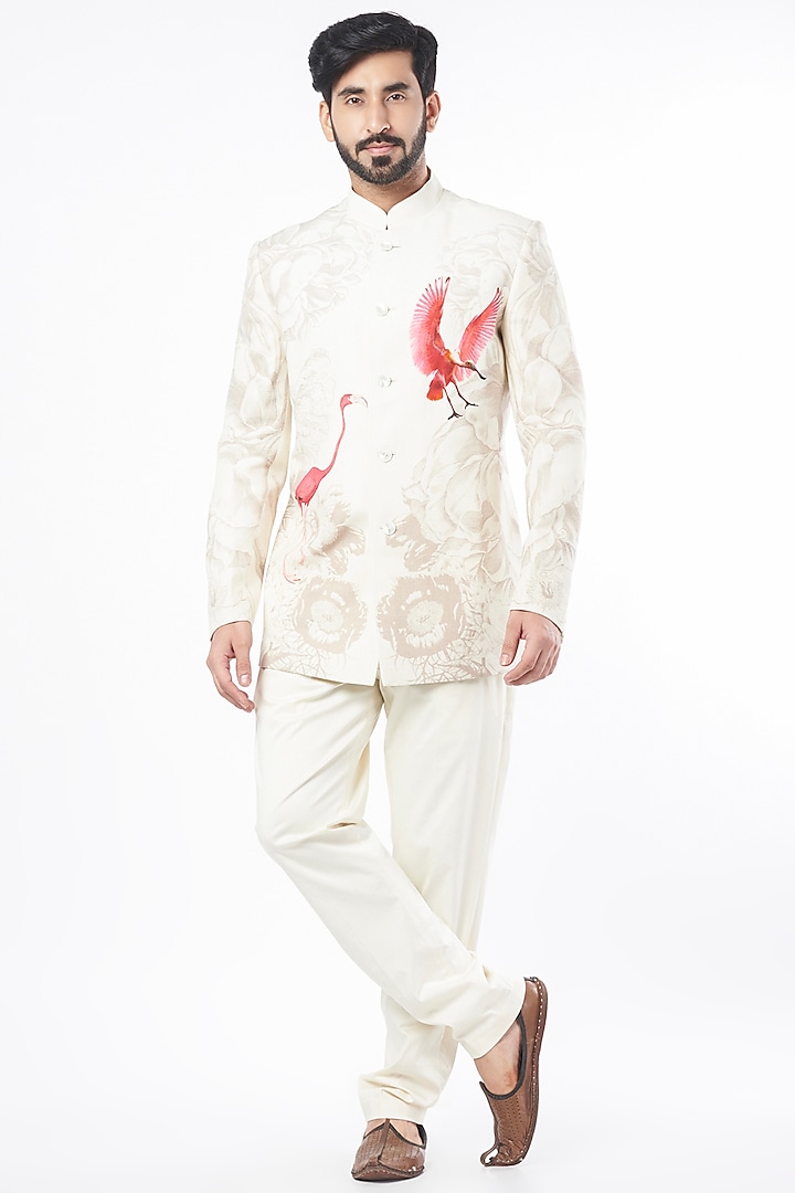 Ivory Digital Printed Bandhgala Jacket by Rohit Bal Men