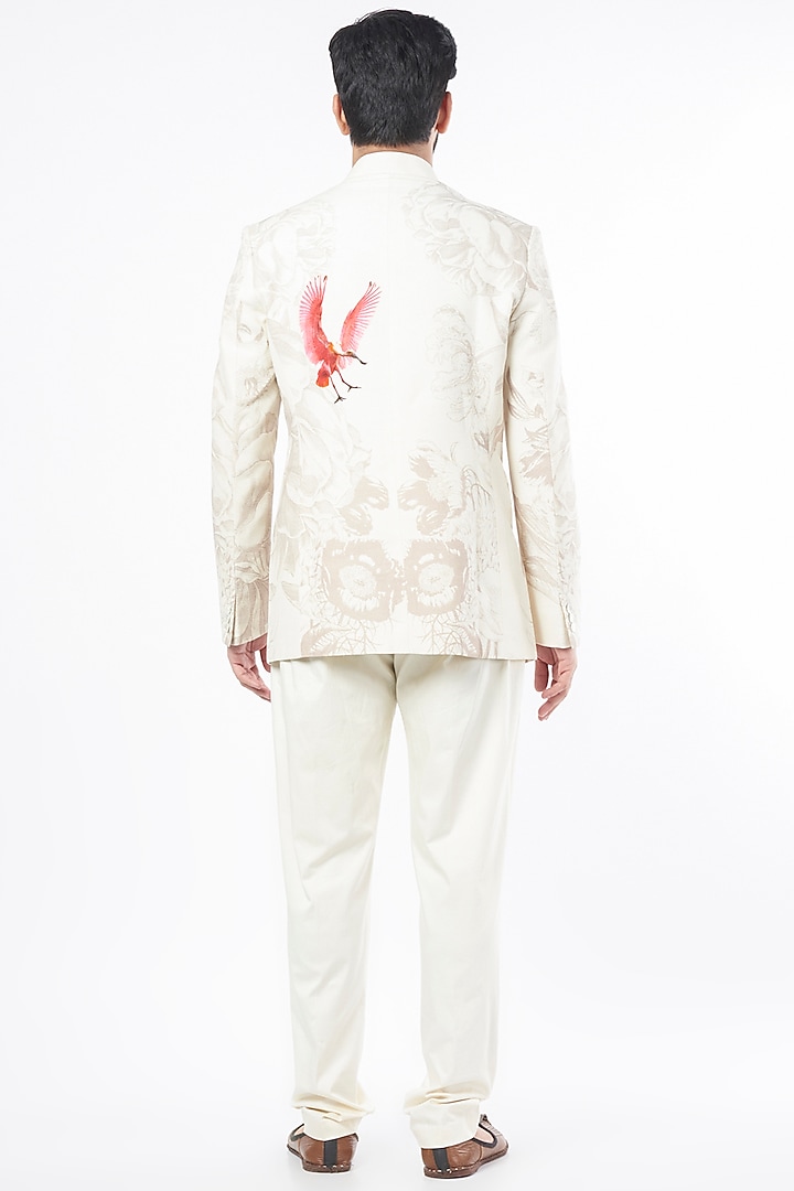 Ivory Matka Silk Digital Printed Wedding Bandhgala by Rohit Bal Men at Pernia's Pop Up Shop