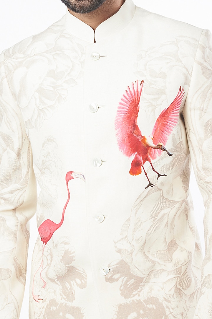 Ivory Matka Silk Digital Printed Wedding Bandhgala by Rohit Bal Men at Pernia's Pop Up Shop