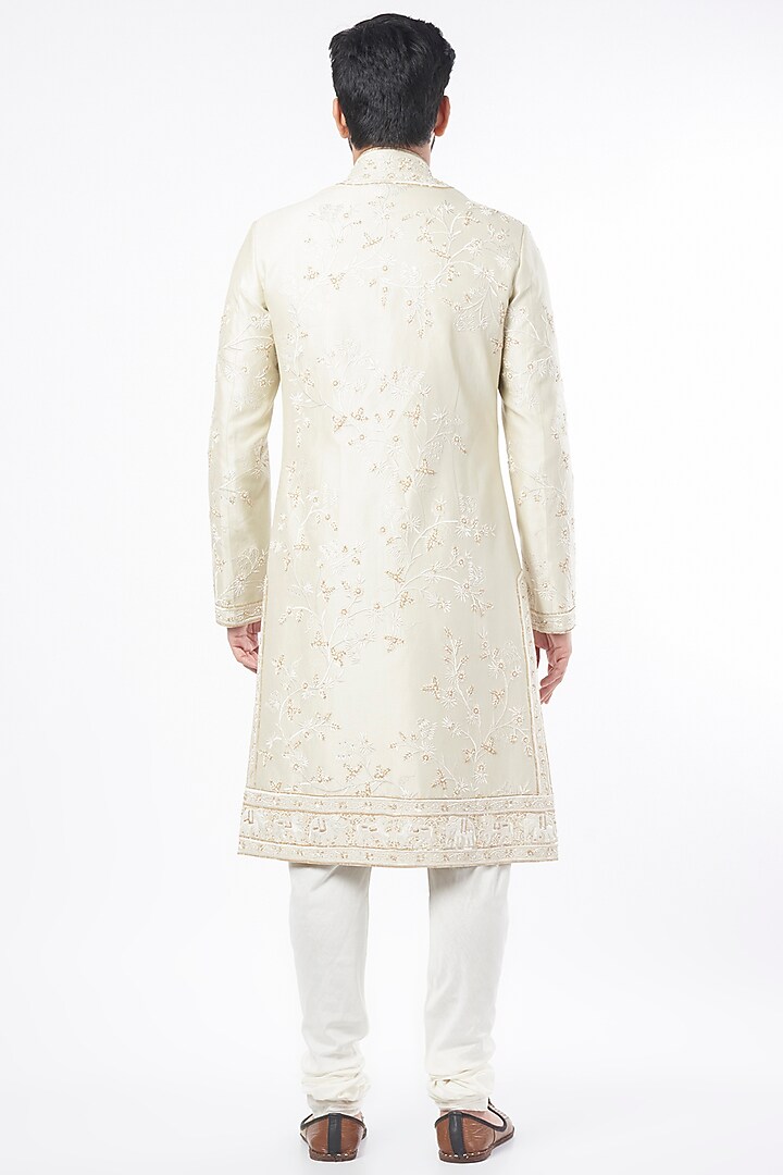 Ivory Chanderi Silk Hand & Machine Embroidered Groom Sherwani Set by Rohit Bal Men at Pernia's Pop Up Shop