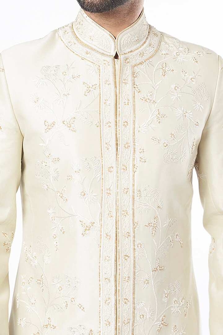 Ivory Chanderi Silk Hand & Machine Embroidered Groom Sherwani Set by Rohit Bal Men at Pernia's Pop Up Shop