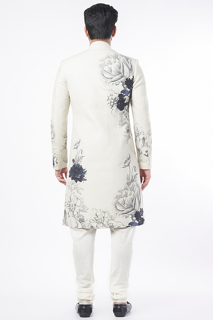 Ivory Matka Silk Printed Groom Sherwani by Rohit Bal Men at Pernia's Pop Up Shop