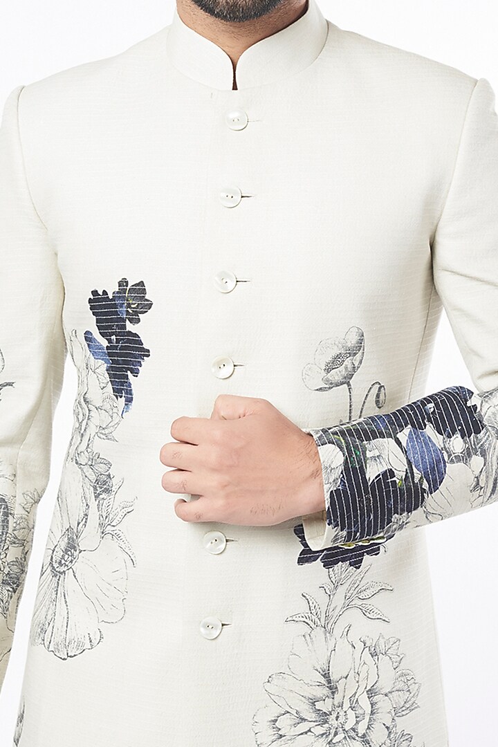 Ivory Matka Silk Printed Groom Sherwani by Rohit Bal Men at Pernia's Pop Up Shop