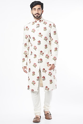 White Matka Silk Floral Printed Sherwani by Rohit Bal Men