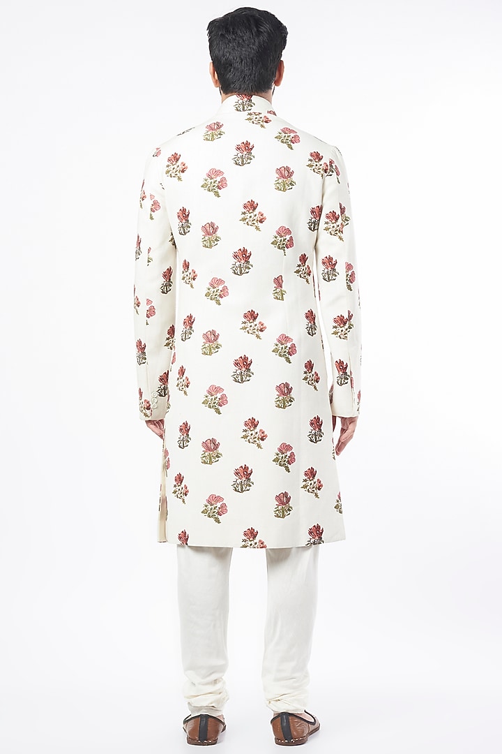 White Matka Silk Floral Printed Groom Sherwani by Rohit Bal Men at Pernia's Pop Up Shop