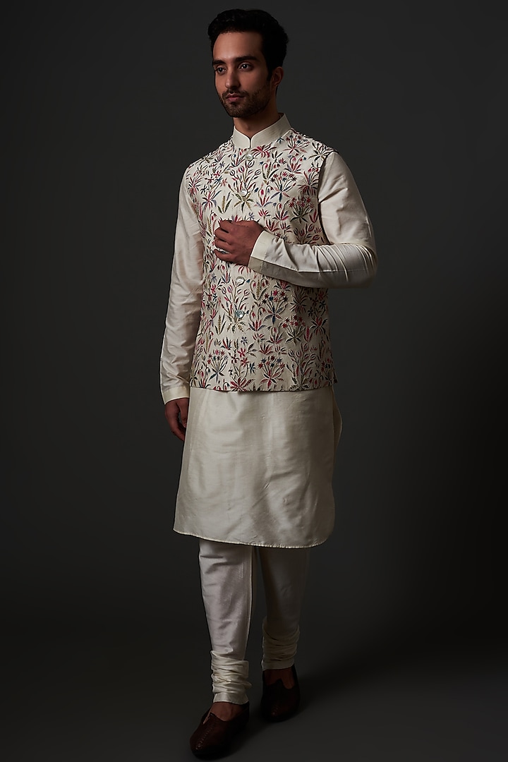 Ivory Linen Resham Thread Embroidered Nehru Jacket by Rohit Bal Men