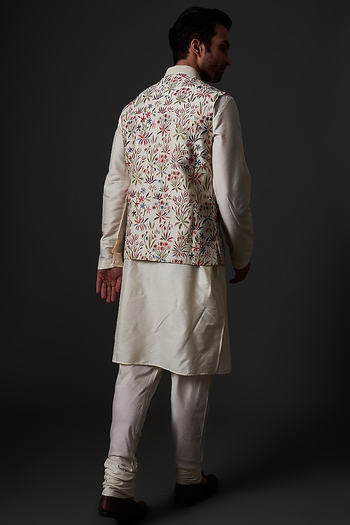 Ivory Linen Resham Thread Embroidered Nehru Jacket by Rohit Bal Men at Pernia's Pop Up Shop