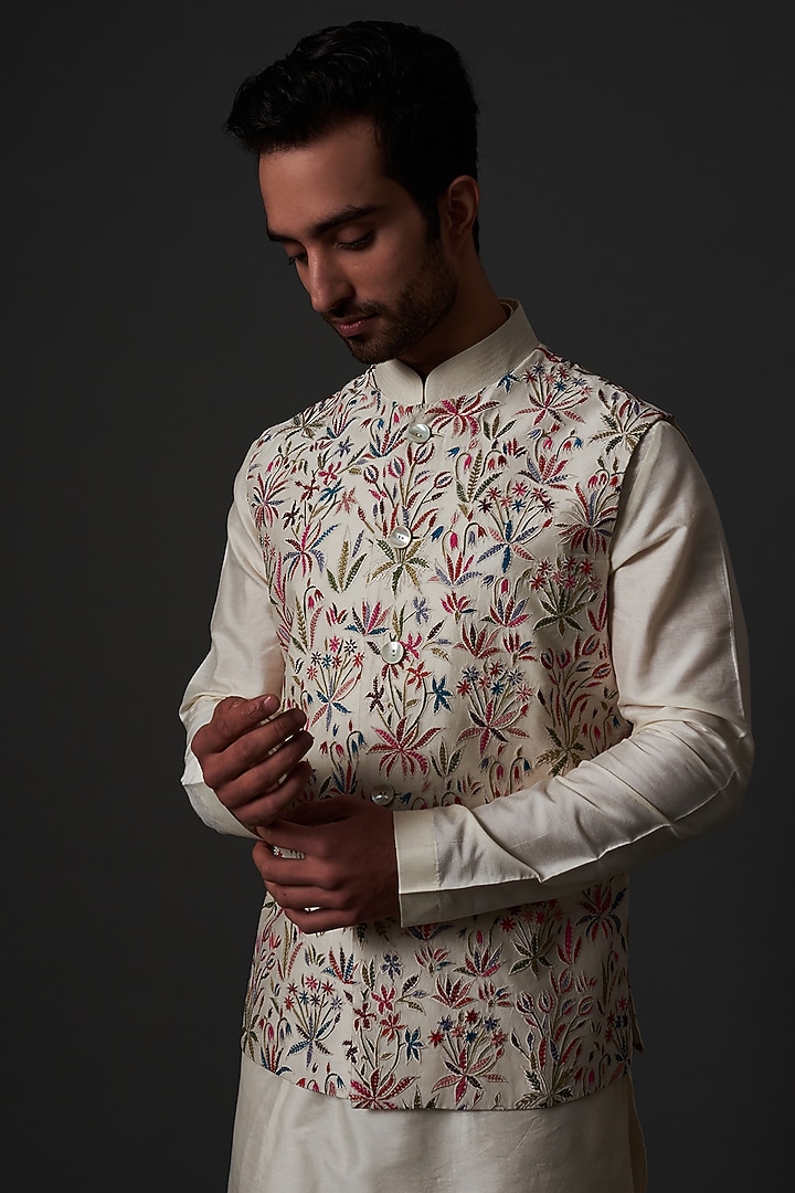 Ivory Linen Resham Thread Embroidered Nehru Jacket by Rohit Bal Men at Pernia's Pop Up Shop