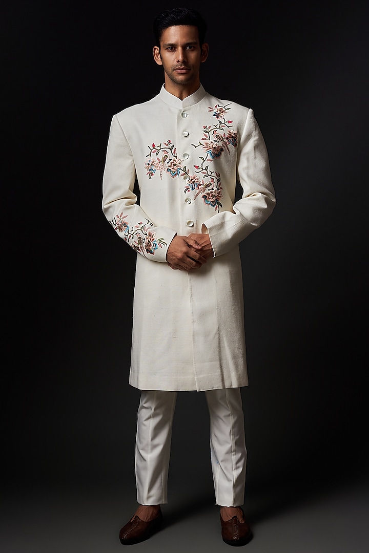 Ivory Matka Silk Embroidered Sherwani by Rohit Bal Men