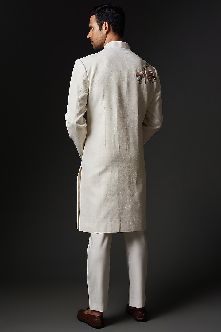 Ivory Matka Silk Floral Embroidered Groom Sherwani by Rohit Bal Men at Pernia's Pop Up Shop