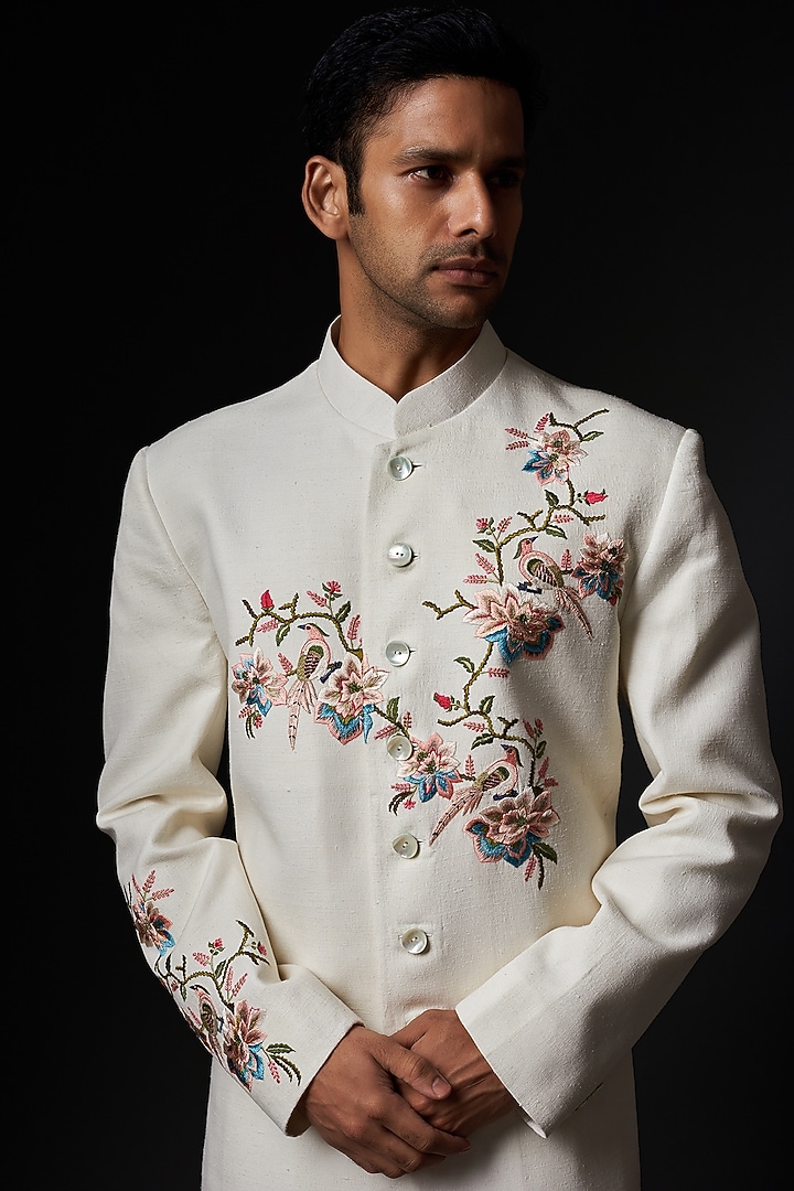 Ivory Matka Silk Floral Embroidered Groom Sherwani by Rohit Bal Men at Pernia's Pop Up Shop