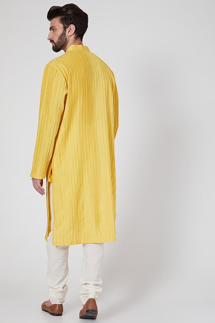 Lemon Yellow Chanderi Pintuck Kurta Set by Rohit Bal Men at Pernia's Pop Up Shop