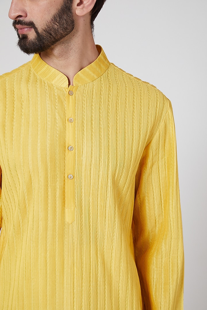Lemon Yellow Chanderi Pintuck Kurta Set by Rohit Bal Men at Pernia's Pop Up Shop