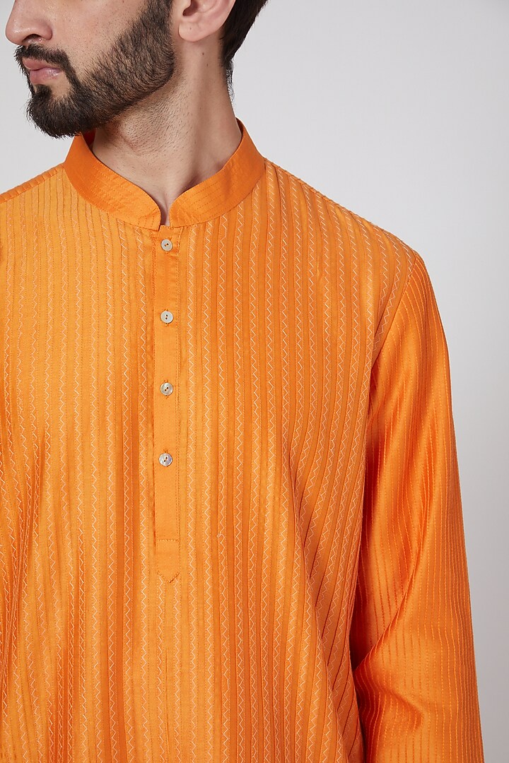 Mustard Yellow Chanderi Pintuck Kurta Set by Rohit Bal Men at Pernia's Pop Up Shop