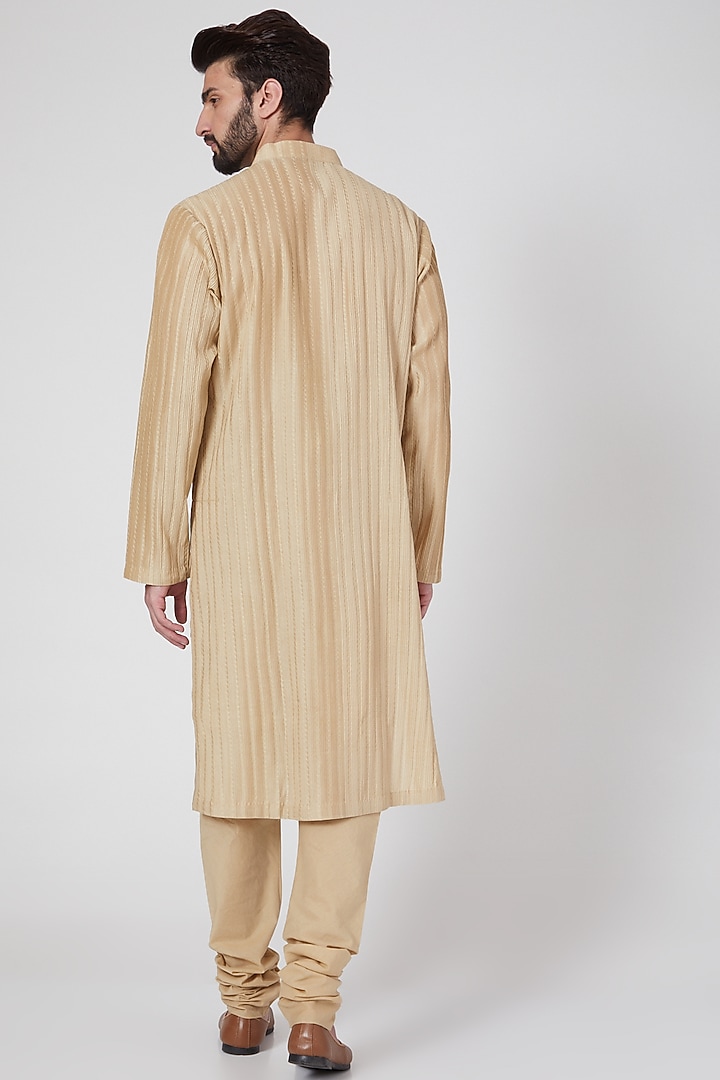 Beige Chanderi Pintuck Kurta Set by Rohit Bal Men at Pernia's Pop Up Shop
