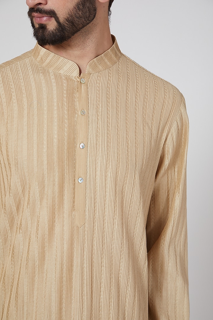 Beige Chanderi Pintuck Kurta Set by Rohit Bal Men at Pernia's Pop Up Shop