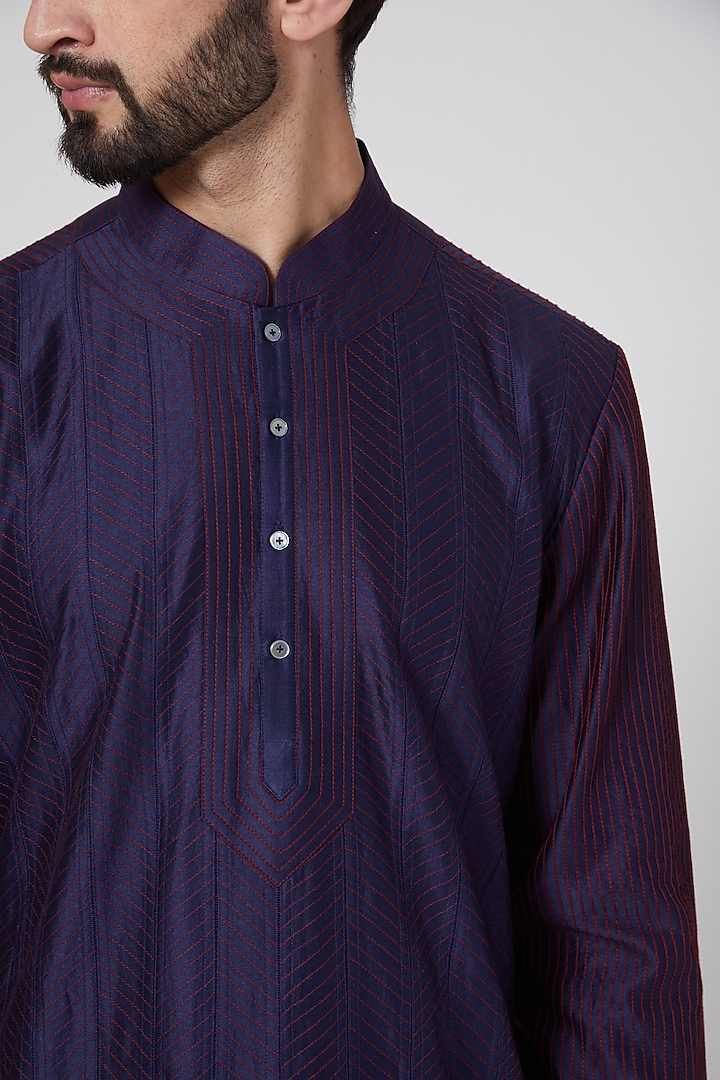 Indigo Blue Chanderi Pintucked Kurta Set by Rohit Bal Men at Pernia's Pop Up Shop