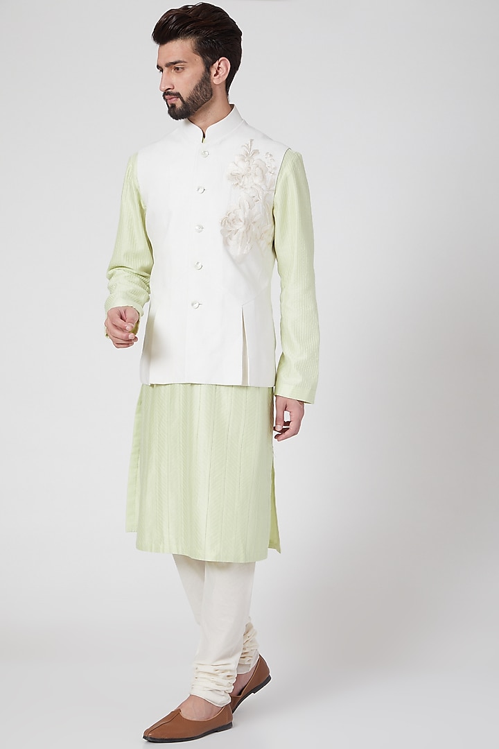 Ivory Machine Embroidered Nehru Jacket by Rohit Bal Men