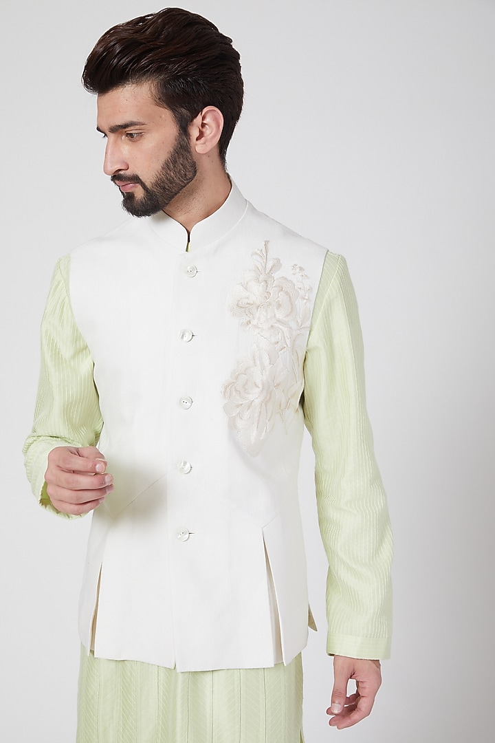 Ivory Machine Embroidered Nehru Jacket by Rohit Bal Men at Pernia's Pop Up Shop