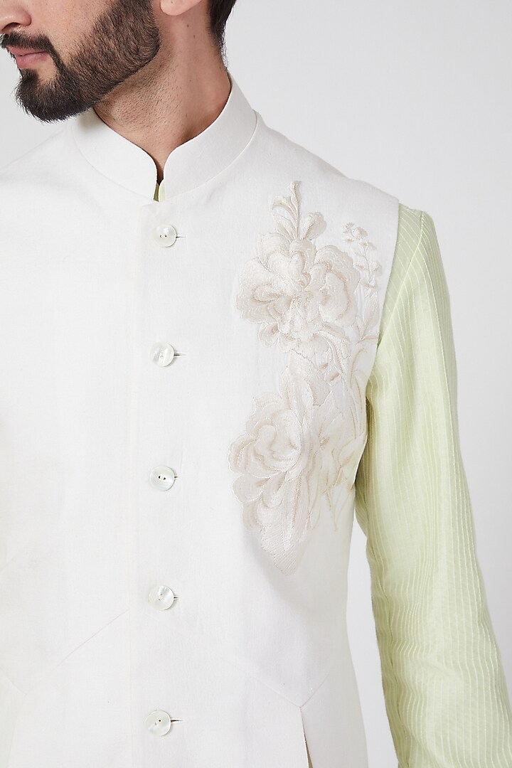 Ivory Machine Embroidered Nehru Jacket by Rohit Bal Men at Pernia's Pop Up Shop