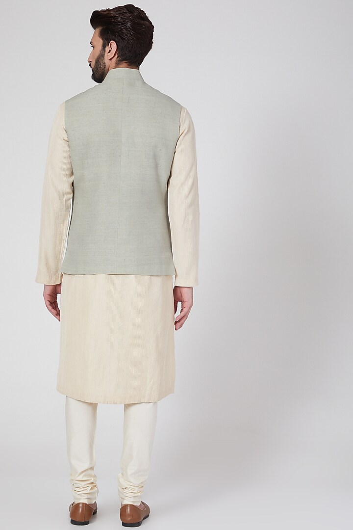 Sage Green Matka Silk Machine Embroidered Nehru Jacket by Rohit Bal Men at Pernia's Pop Up Shop