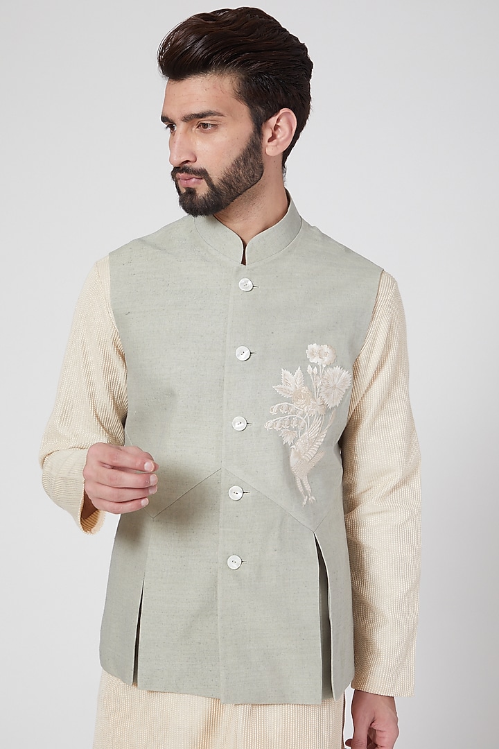 Sage Green Matka Silk Machine Embroidered Nehru Jacket by Rohit Bal Men at Pernia's Pop Up Shop