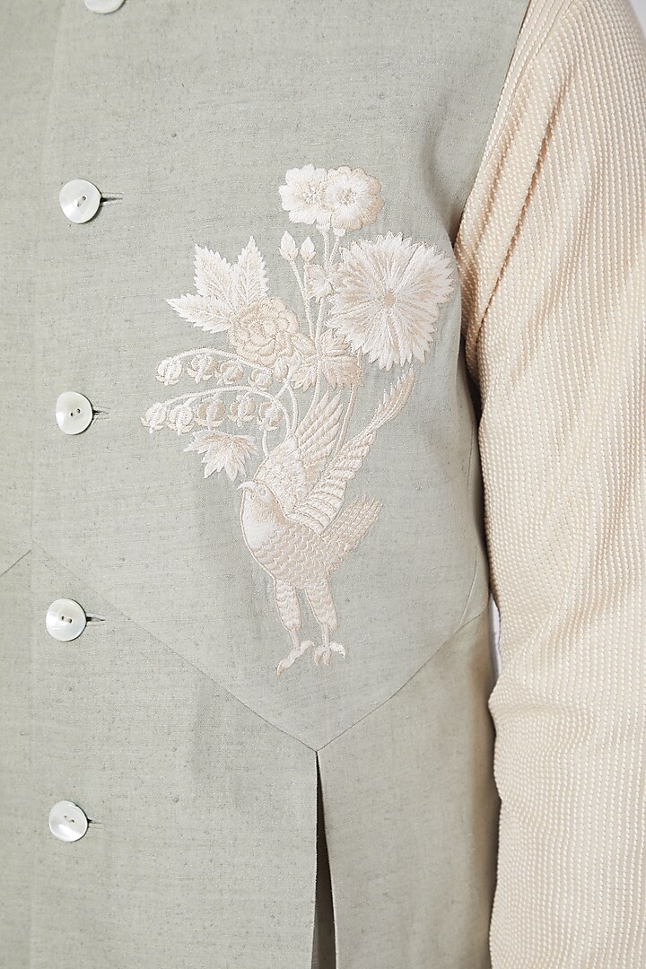 Sage Green Matka Silk Machine Embroidered Nehru Jacket by Rohit Bal Men at Pernia's Pop Up Shop