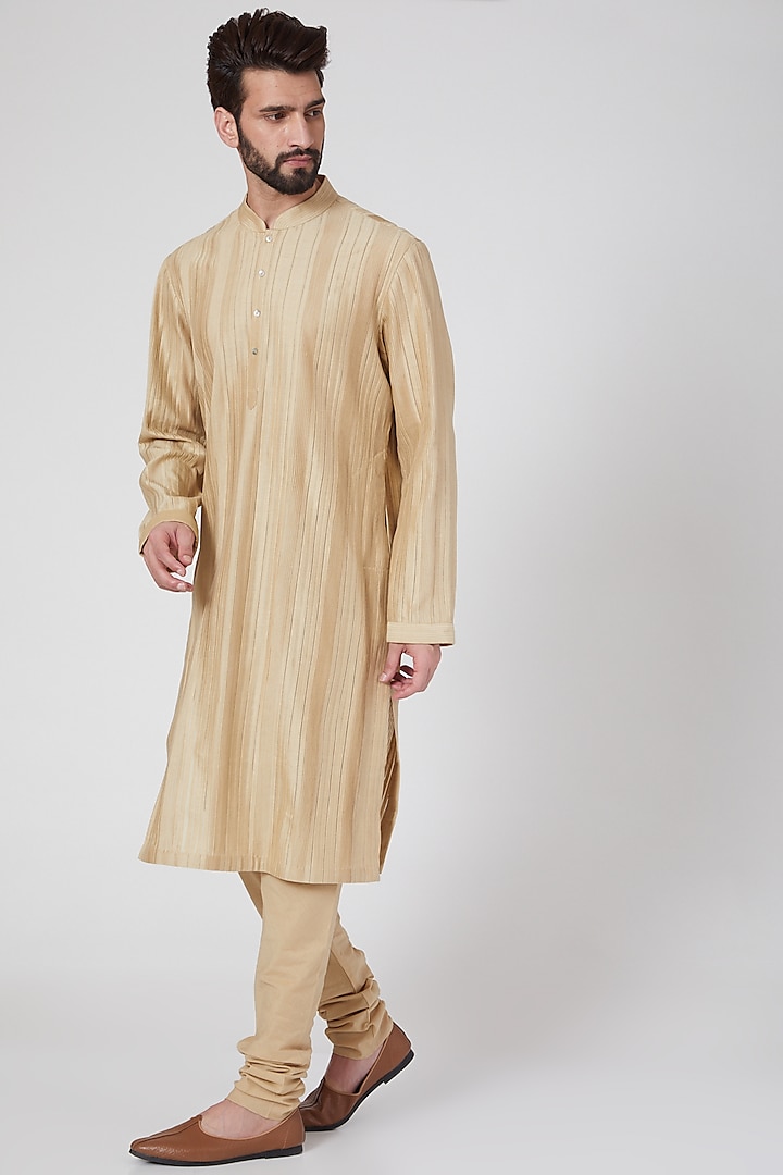 Beige Chanderi Pintucked Kurta Set by Rohit Bal Men