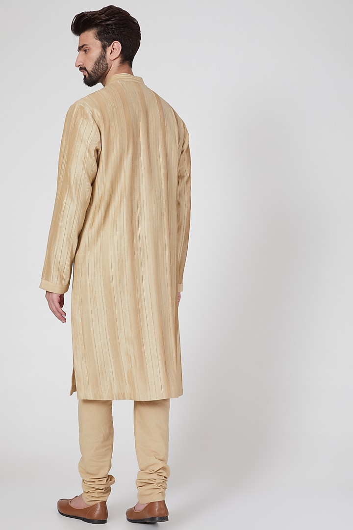 Beige Chanderi Embroidered Pintuck Kurta Set by Rohit Bal Men at Pernia's Pop Up Shop