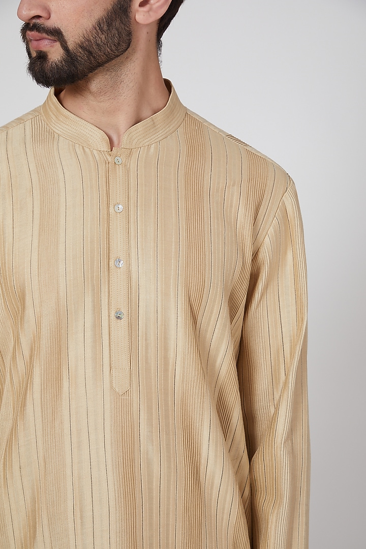 Beige Chanderi Embroidered Pintuck Kurta Set by Rohit Bal Men at Pernia's Pop Up Shop