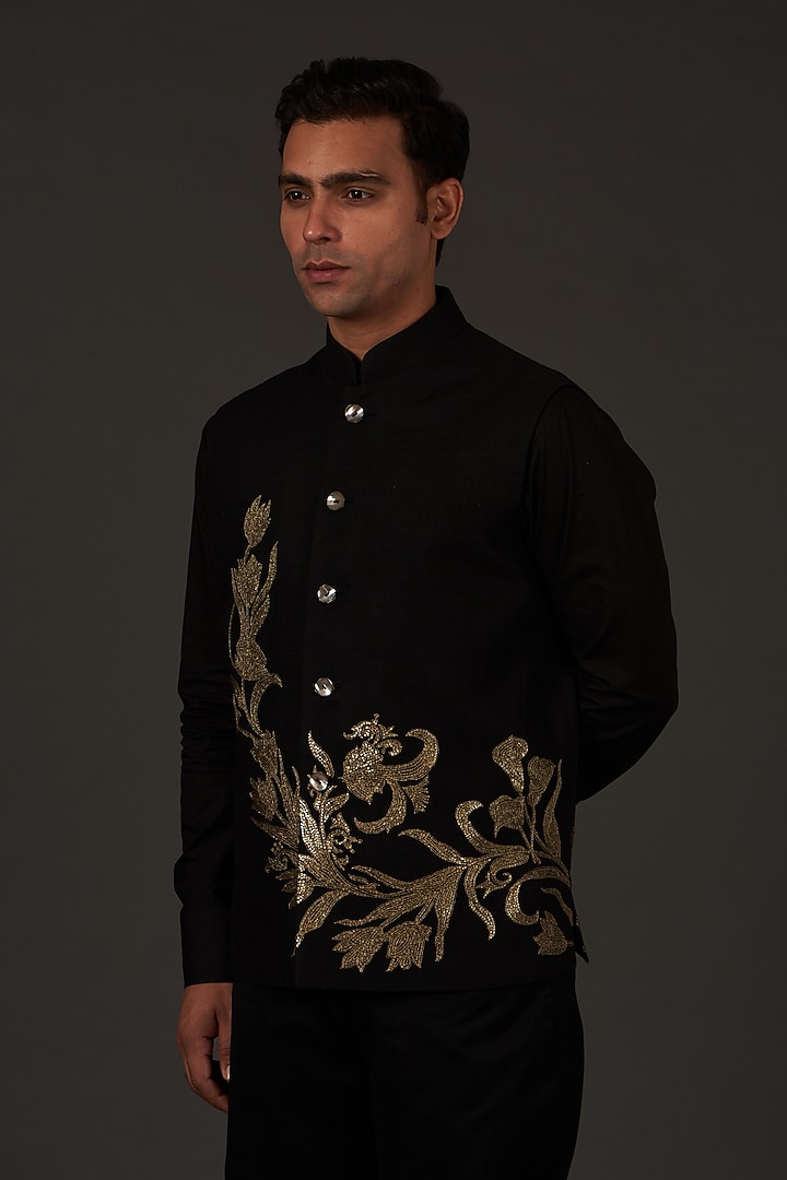 Black Linen Hand Embroidered Nehru Jacket by Rohit Bal Men at Pernia's Pop Up Shop