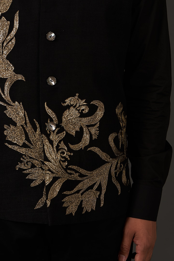 Black Linen Hand Embroidered Nehru Jacket by Rohit Bal Men at Pernia's Pop Up Shop