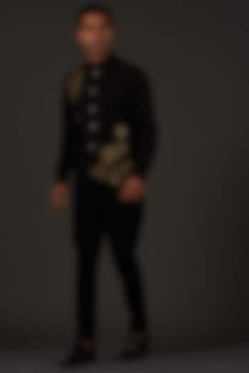 Black Linen Hand Embroidered Nehru Jacket by Rohit Bal Men at Pernia's Pop Up Shop