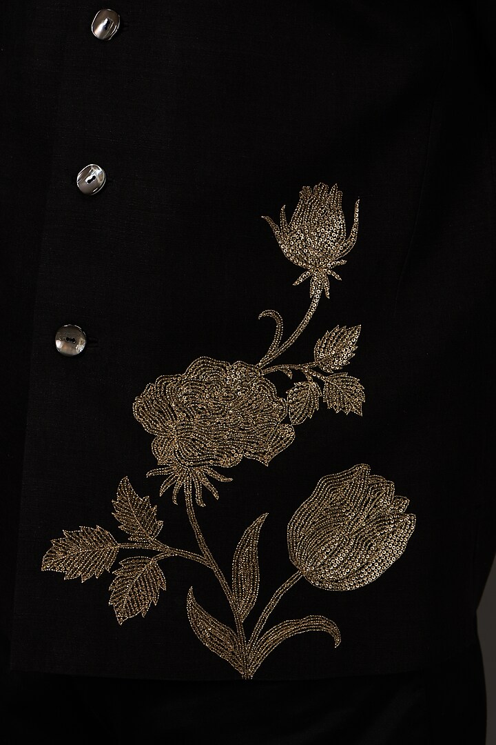 Black Linen Hand Embroidered Nehru Jacket by Rohit Bal Men at Pernia's Pop Up Shop