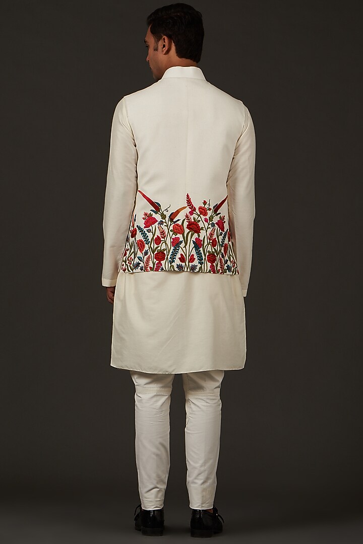 Ivory Linen Resham Thread Embroidered Nehru Jacket by Rohit Bal Men at Pernia's Pop Up Shop
