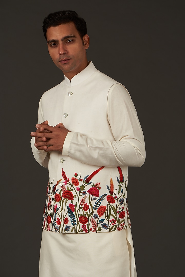Ivory Linen Resham Thread Embroidered Nehru Jacket by Rohit Bal Men at Pernia's Pop Up Shop