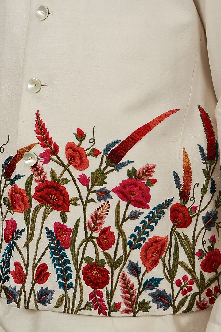 Ivory Linen Resham Thread Embroidered Nehru Jacket by Rohit Bal Men at Pernia's Pop Up Shop