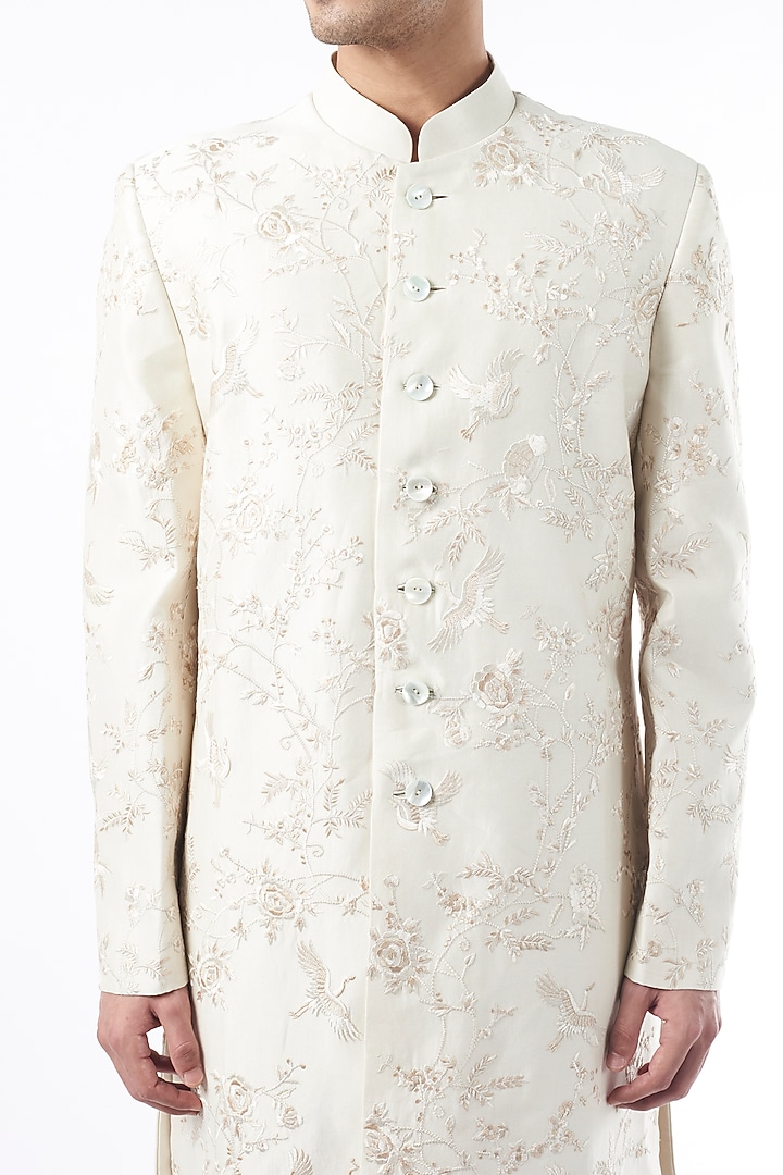 Ivory Chanderi Embroidered Groom Sherwani by Rohit Bal Men at Pernia's Pop Up Shop