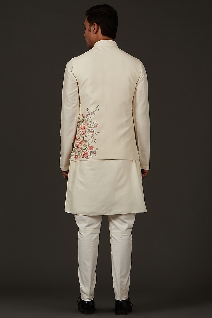 Ivory Linen Resham Thread Embroidered Nehru Jacket by Rohit Bal Men at Pernia's Pop Up Shop