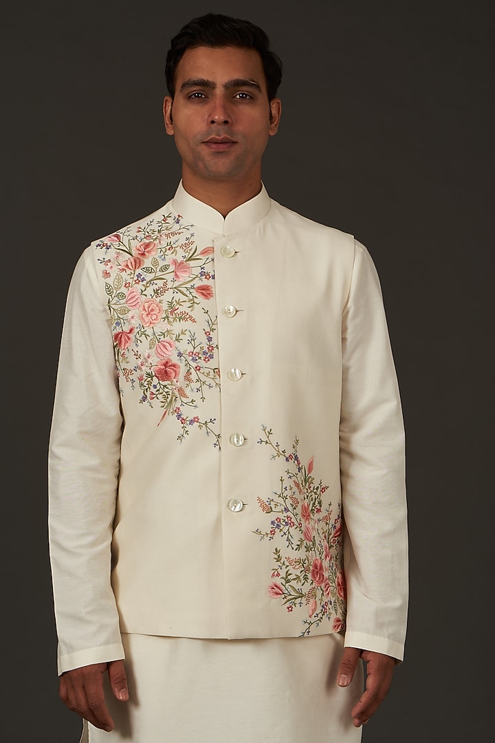 Ivory Linen Resham Thread Embroidered Nehru Jacket by Rohit Bal Men at Pernia's Pop Up Shop
