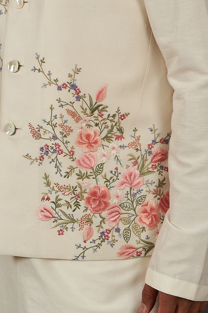 Ivory Linen Resham Thread Embroidered Nehru Jacket by Rohit Bal Men at Pernia's Pop Up Shop