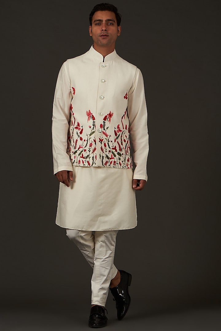 Ivory Nehru Jacket With Embroidery by Rohit Bal Men