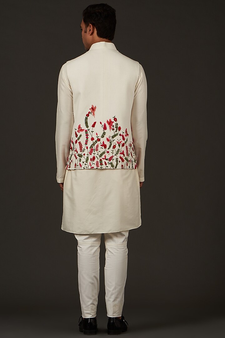 Ivory Linen Resham Thread Embroidered Nehru Jacket by Rohit Bal Men at Pernia's Pop Up Shop